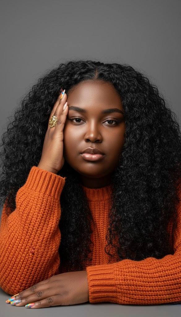Maame Darkwaa in a studio portrait, wearing a rust-orange sweater, hand resting gently against her face against a warm grey backdrop